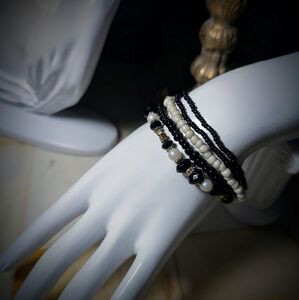 Elegant Black and White Beaded Bracelet Set